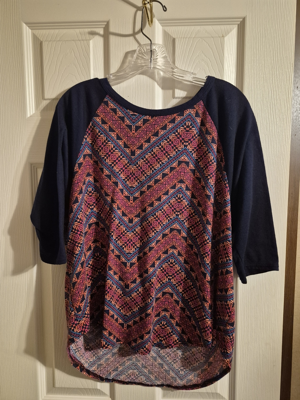 Women's Navy and Pink Patterned Raglan Top